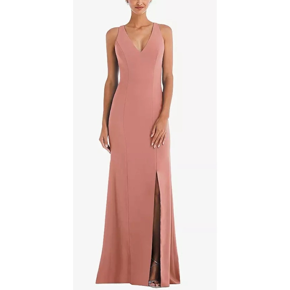 NWT Dessy Criss-Cross Cutout Back Maxi Dress with Front‎ Slit in Desert Rose 12